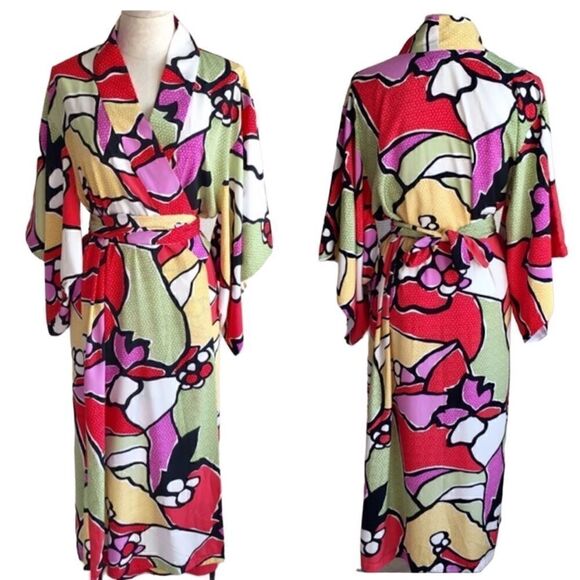 Natori- Vintage 90s Kimono Robe Duster Wrap Dress Pop Art, Size Medium - Picture 11 of 11